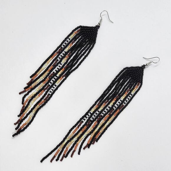 Cascading Darkness Black Boho Beaded Fringe Earrings - Picture 4 of 6